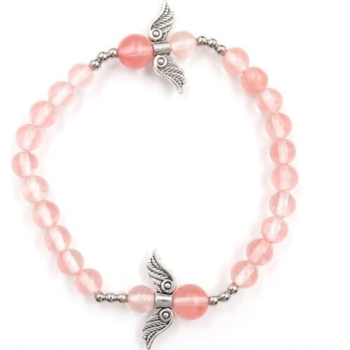 FYSL Silver Plated Angel Wing Cherry Quartz 6 mm Round Beads Elastic Bracelet Lapis Lazuli Jewelry