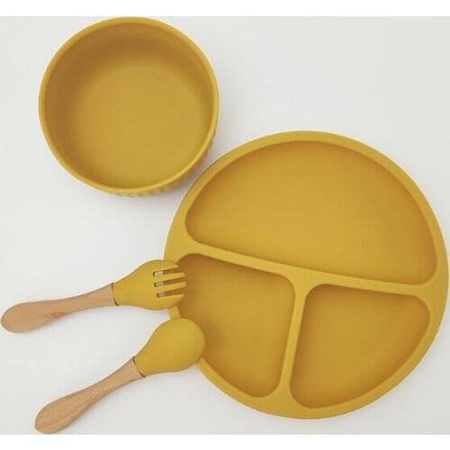 4 Pcs Baby Silicone Divided Dinner Plate Sucker Bowl Spoon Fork Set Training Feeding Food Utensil Dishes Tableware Kit for