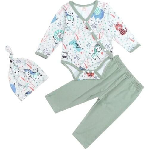 3Pcs Baby Girls Boys Outfit Cartoon Animal Plant Printing Long Sleeve Oblique Button Romper + Long Pants + Cap Set