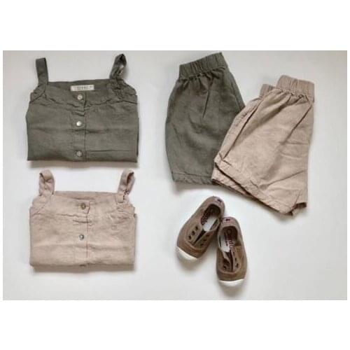 2021 Summer Baby Plain Brief Clothing Set Shorts+Vest Strap Cotton and linen Clothes Kids Girls Boys 2pcs/set INS Cute Causal