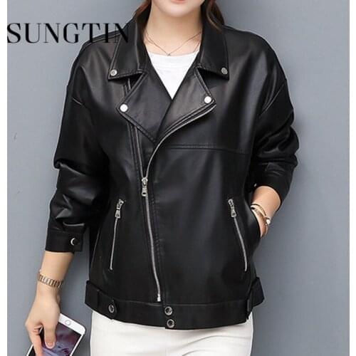 Sungtin Spring Autumn Faux Leather Loose Jacket Women Vintage PU Motorcycle Female Streetwear High Street Cool Style Biker Coats