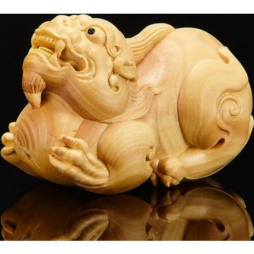 7CM Mythical Boxwood Pixiu Lion Solid Wood Statue Myth Wood Animal Statue Lion Statue Arts Lucky Statue Home Decoration