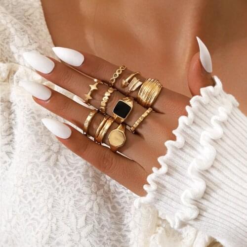 10 Pcs/Set Bohemian Gold Star Arrow Rings Set Fashion Geometric Heart Black Oil Drop Rings for Women Jewelry Accessories