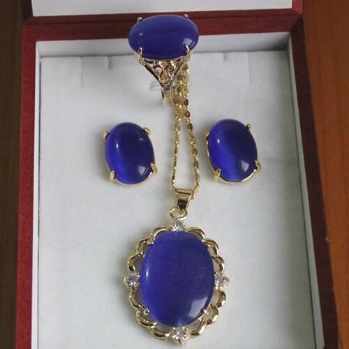 Wholesale noble 13*18mm plated blue opal ring(#6,7,8,9) earrings &pendant fashion jewelry set002