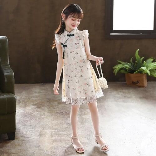 Lovely Flower Girls Dress Retro Stand Collar Button Lace Chinese Cheongsam Dresses Cute Sleeveless Kids Grace Floral Skirt Dress