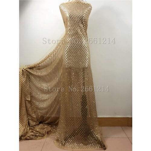 Strip design glued glitter print african mesh tulle lace 5yards for wedding/evening dress/party in gold color