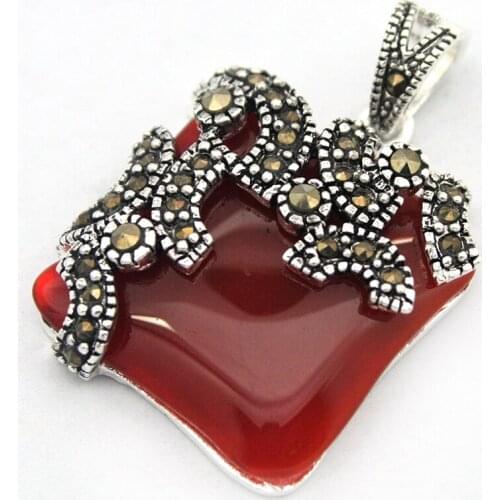 925 STERLING SILVER & MARCASITE INLAY NATURAL RED jade PENDANT 20*20mm