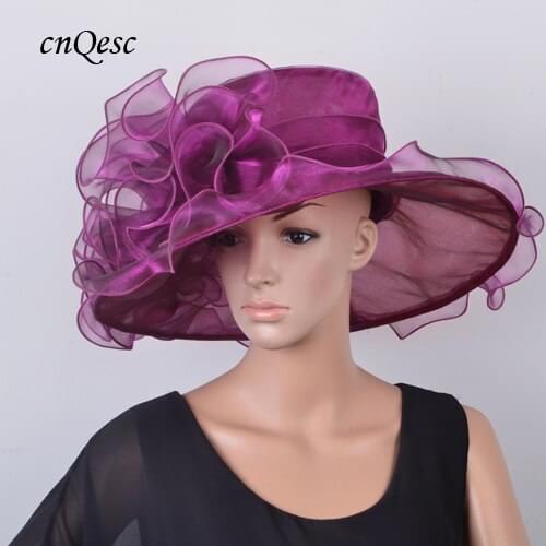 NEW Wholesale Lavender purple plum Wide brim Crystal organza hats church wedding womens hat for Kentucky Derby Church races