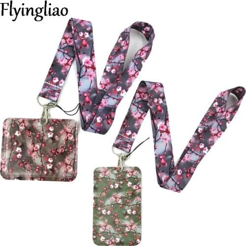 Cherry Plum blossom Tree Flowers Creative Lanyard Card Holder Student Hanging Neck Phone Lanyard Badge Subway Access Card Holder