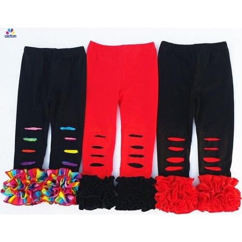 Sew sassy boutique girls ruffle icing legging 2018 new simple clothing hole torn cotton pants