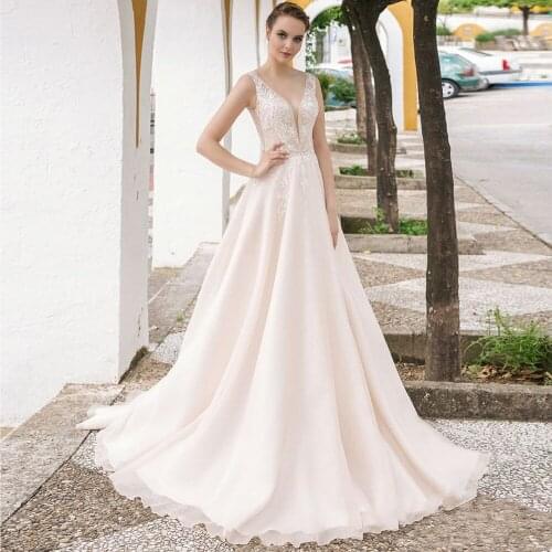 Champagne Wedding Dresses 2021 V Neck Tulle Lace Appliques Bride Dress Sleeveless Beach vestido de noiva Wedding Gown
