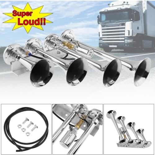 12V / 24V 185dB Chrome Plated Zinc Super Loud Four Trumpet Car Air Horn for Car Vehicle Truck Train Boat SUV Bike Buses