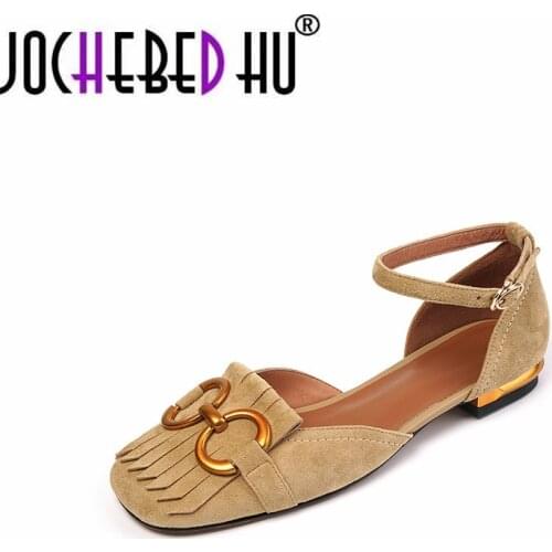 【JOCHEBED HU】Women Genuine Leather Fringe Pumps Shallow Casual Chain Shoes Woman Sheep Suede Thick Heels Round Toe Spring Shoes