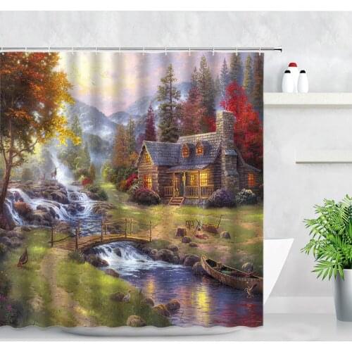 Dream Rural Landscape Shower Curtains House Waterfall Arch Bridge Autumn Scenery Oil Painting Modern Decor Bathroom Curtain Set