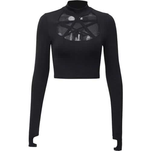 Women Black Long Sleeve Crop Top Gothic Pentagram Hollow Out Bandage Bodycon Lady Top Autumn Streetwear Fashion T-shirts