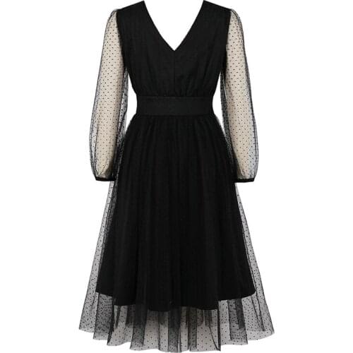 Womens Ladies Long Sleeve Vintage Lace Party Retro Dress V-Neck Black Wedding Swing Dresses