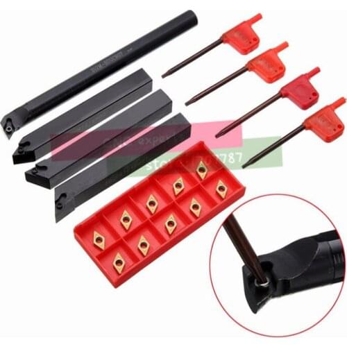 10pcs DCMT07 Carbide Insert Blades + 4pcs Lathe Turning Tool Holder Set + 4pcs Wrench for Lathe Turning Tool Machine Tool Sets