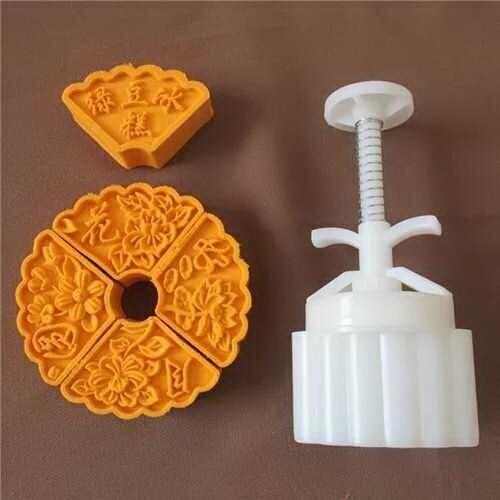 50g Chinese fan-shaped design Mooncake mung bean cake Molds mould with 5 Stamps plastic hand pressure , 50sets/lot
