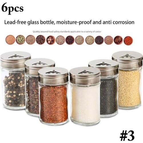 6pcs Stainless Steel Lid Condiment Pot Seasoning Bottle Glass Kitchen Supplies And Materials Saltcellar Rotational Regulation