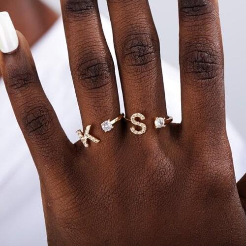 A-Z Letter 24K Gold Color Metal Adjustable Opening Ring Initials Name Alphabet Female Creative Finger Rings Trendy Party Jewelry