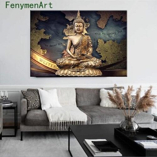 Abstract Buddhism Canvas Painting Golden Buddha Sculpture Posters Prints Wall Art Buddhist Pictures For Living Room Home Decor