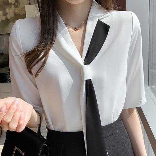 Tops Blouses Femme Top Blouse Women Blusas Mujer De Moda 2021 Verano Short Sleeve White Blouse V-Neck Chiffon Blouse Shirt E716