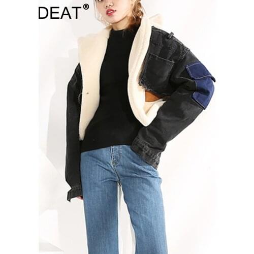 DEAT 2021 winter fake fur turn-down collar full sleeves denim blue patchwork spliced clothes letters printed coat trench WJ1020