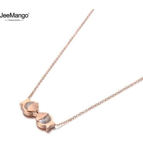 JeeMango Fashion Stainless Steel CZ Crystal Double Fish Charm Necklace Jewelry Lovely Pendant Chain Necklace For Women JN19114