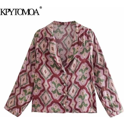 KPYTOMOA Women 2021 Fashion Printed Cozy Blouses Vintage Long Sleeve Button-up Female Shirts Chic Tops