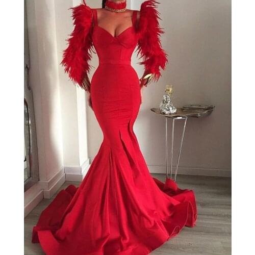 Red prom dresses 2020 long sleeve feather mermaid long evening dresses fur evening gowns