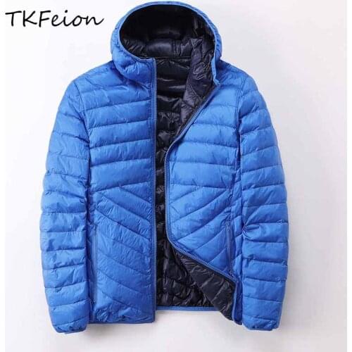 New Fashion Mens Jackets Coats Ultra Thin Light Style Warm Duck Down Male Winter Hooded Coats Portable Bag Double-sided Clothing