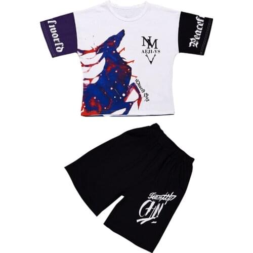 Big Boys Summer Sets Color Patchwork Letters Loose Fit T-shirts+Shorts 2PCS Clothing Sets Hip Hop Dancer Woven Belts Sets