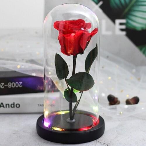 Best Gift for Valentines Day Mother Day Beauty And The Beast Flashing colorful LED with Black Base Dome Glass Eternal Rose