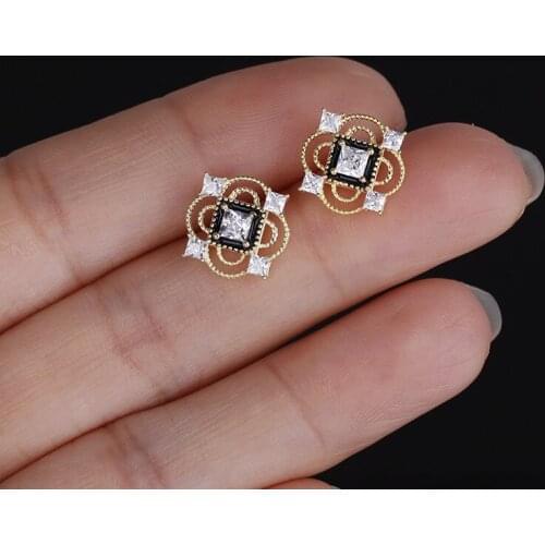 Morivovog 925 Sterling Silver Openwork Square Zircon Stud Earrings for Women 14K Gold Palace Luxury Earrings 925 Fashion Jewelry