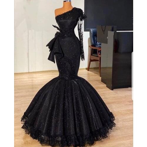 Muslim One Shoulder Black Evening Dresses 2020 Long Formal Lace Robe De Soiree Arabic Couture Long Sleeves Pageant Gowns Vestido
