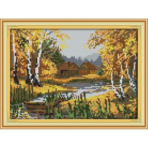 Birches stream cross stitch kit lanscape garden 14ct 11ct count printed canvas stitching embroidery handmade plus