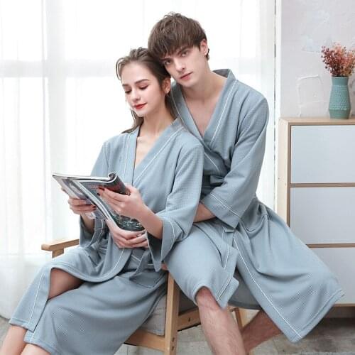 2021 New Couple WAFFLE Kimono Robe Gown Summer Loose V-Neck Sleepwear Spring Autumn Winter Bathrobe Casual Sleeping Dress XXXL