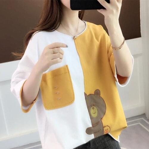 Summer new womens round neck short sleeve pocket stitching casual loose sports womens T-shirt
