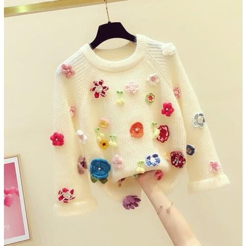 Autumn Winter Christmas Sweater Hand Nailed Beads Embroidered Flower long sleeve Female Pull Femme Fashion O neck Knitted Jumper