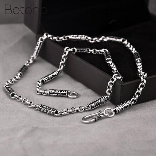 925 Sterling Silver color Six Words Mantra Necklace Men Vintage Punk Thai Silver color 4mm Bamboo Chain Necklace Male Jewelry