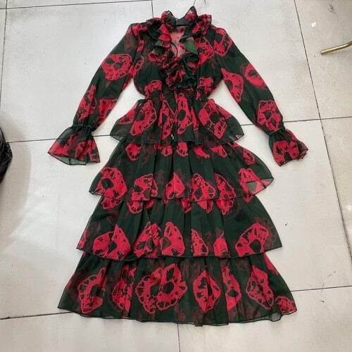 Maxi Long Bohemian Dress Women 2021 Spring Summer New Cake Dresses Female Artificial Silk Flare Sleeve with Strap Liner