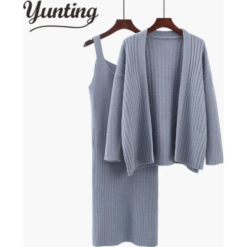 Luxury high quality Suspender Vest Dress + women Cardigan 2pcs Suits 2021 winter Office Ladies Elegant Knitting Clothing Sets