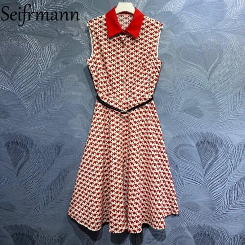 Seifrmann New 2021 Summer Women Fashion Runway Party Midi Dress Sleeveless Single Breasted Sashes Print Elegant Dresses Vestidos
