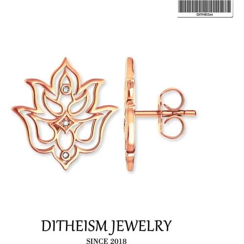 Rose Gold Lotus Flower Stud Earrings, 2018 New Fashion Jewelry 925 Sterling Silver Romantic Earring Gift For Women Lover