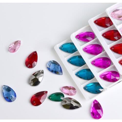 All colors sew-on rhinestones Water drops flatback sew on stone 2holes glass crystal for DIY wedding dress Accessories all size