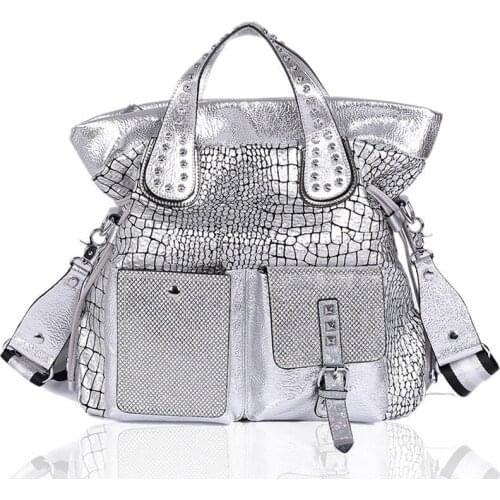 Womens Soft Leather Handbag 2021 New Fashion Silver Shoulder Messenger Bags Female Brand Luxury High Capacity Black Travel Tote