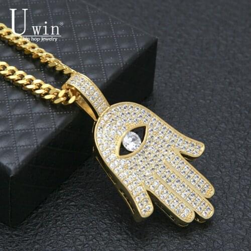 UWIN Iced Zircon Hamsa Hand Pendant Copper Material Gold color Fatima Palm Pendants Necklace Hip Hop Jewelry For Mens Women