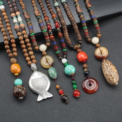Vintage Handmade Nepal Necklace Buddhist Mala Wood Beads Pendant & Necklace Ethnic Horn Fish Long Statement Jewelry Women Men
