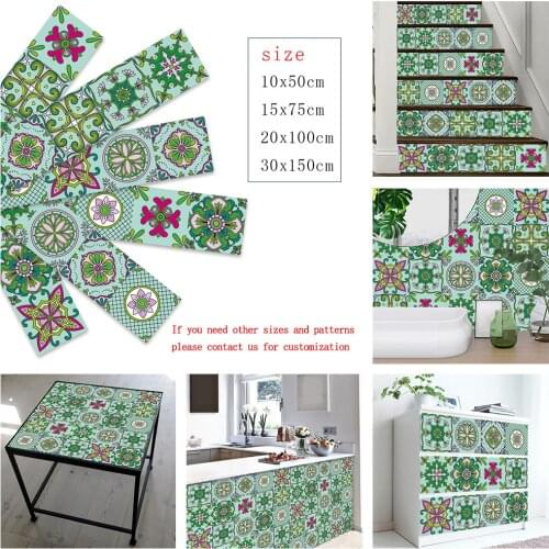 Green Retro Pattern Strip Tiles Sticker Furniture Kitchen Home Decor Surface Gloss Film Wallpaper Peel & Stick Art Wall Decals