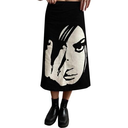 Women Summer Bottom Skirt Human Face Print High-Waist Long Casual Semi-Dress for Girls Black/Red